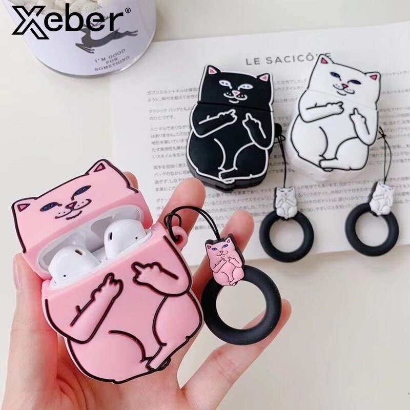 Cartoon Cat AirPods Case - Cute Silicone Cover with Ring Strap SJB-DIAMOND ELITES